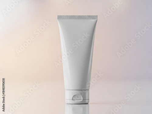 Blank white cosmetic cream tube mock-up, clean and sleek packaging for beauty and personal care products on a reflective surface with soft, diffused lighting