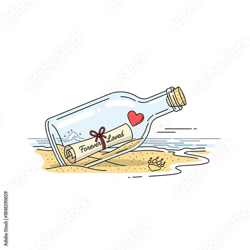 Message in a bottle with love note on beach.