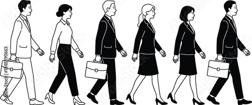 Business people walking silhouettes illustration, professional men and women in formal attire carrying briefcases, corporate commute scene, clean black and white vector design