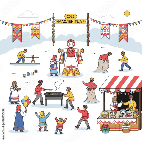 Maslenitsa Festival Celebration with Traditional Russian Activities and Characters.