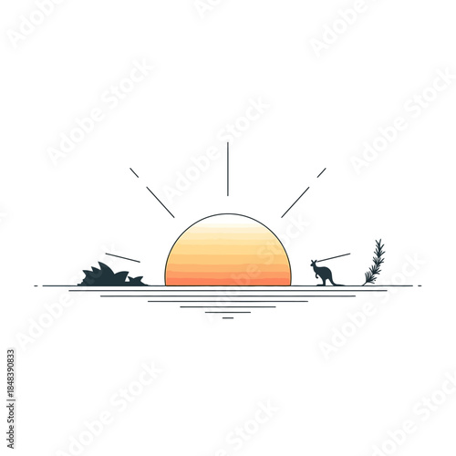 Minimalist Sunset with Kangaroo and Desert Landscape.