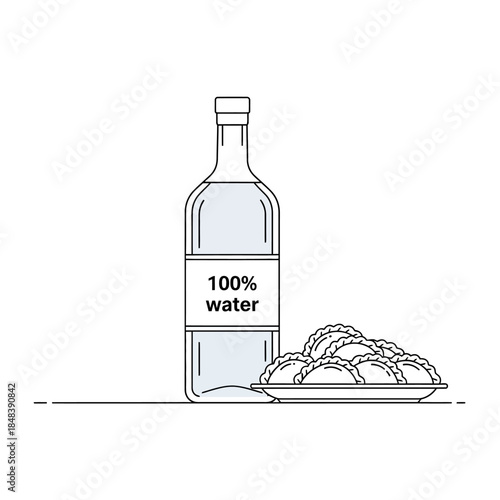 Minimalist Still Life - Water Bottle and Dumplings Illustration.
