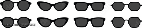 Sunglasses silhouettes collection, modern eyewear frames set, fashion accessory icons for summer style, isolated black vector illustration for design, branding, optical projects