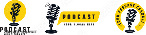 vintage microphone radio podcast logo design set