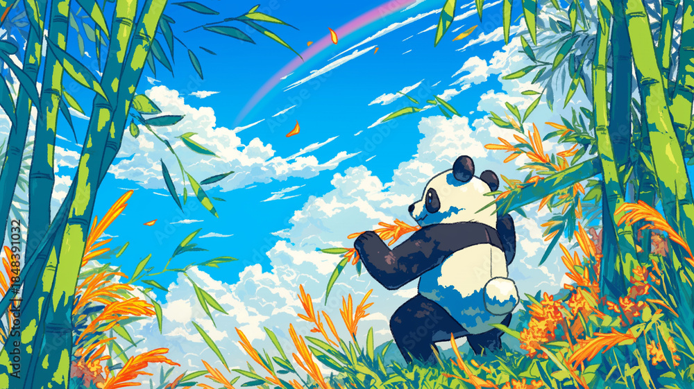 Obraz premium 葉っぱを食べながら見つめる愛らしいパンダ|竹林の中の癒し風景・自然・動物・ストックイラスト素材・かわいい・植物・優しい色合い