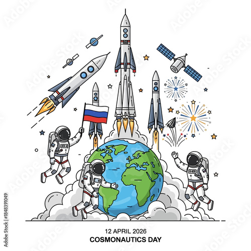 Cosmonautics Day Celebration with Astronauts, Rockets, and Earth Illustration.