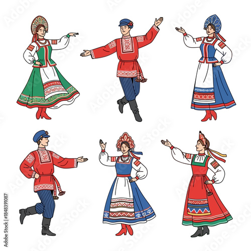 Traditional Russian Folk Dancers in Colorful Costumes.