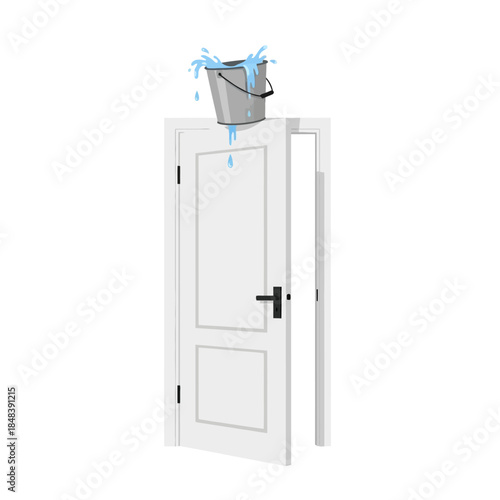 April Fools Day Prank with Water Bucket on Open Door.