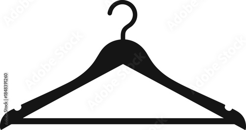 Black silhouette vector icon of a coat hanger, representing clothing, fashion, wardrobe, storage, laundry, dry cleaning, and retail store display equipment.