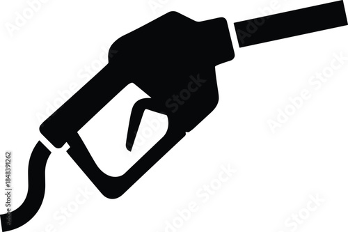 Black silhouette vector icon of a gas pump fuel nozzle, representing energy, transportation, fuel, gasoline, petroleum, and vehicle service on white background.