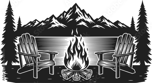 Vintage Campfire Scene Vector Illustration: Two Adirondack Chairs by Fire, Pine Trees, and Mountain Peaks Over Lake, Outdoor Summer Relaxing,
