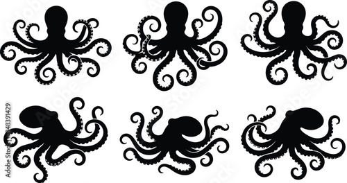 Octopus silhouettes collection, sea creature tentacle poses, marine animal design set, isolated black vector illustration for ocean wildlife graphics