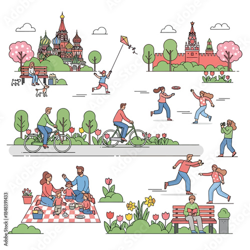 People enjoying outdoor activities in a vibrant park setting with various recreational pursuits.