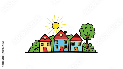 Colorful Cartoon Houses Illustration with Sun and Trees