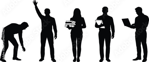 Business people silhouettes in various working poses isolated on white background representing corporate teamwork professionalism office tasks leadership diversity