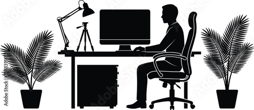 Modern home office workspace silhouette, man working at computer desk with plants, lamp and equipment, isolated black vector illustration for remote work, business design
