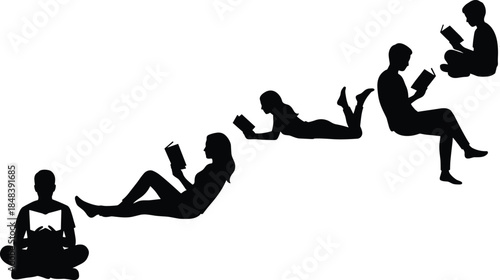 People reading book silhouettes collection, relaxed sitting lying poses, education knowledge concept, isolated black vector illustration for learning, library, study design