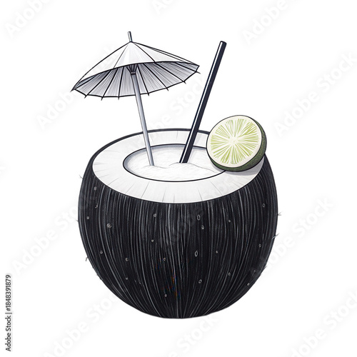 Refreshing coconut drink with transparent background, featuring lime slice and decorative umbrella, perfect for summer vibes