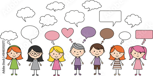 Cute children thinking with speech bubbles illustration, kids communication concept, creative ideas, teamwork, education, imagination, flat cartoon style