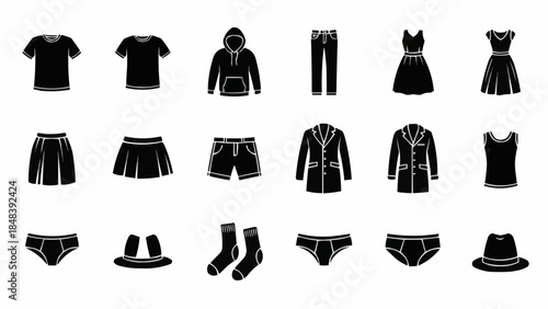 Collection of black clothing and accessory icons for fashion and style.