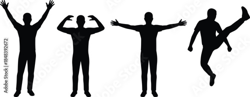 Fitness sport silhouettes performing dynamic exercise poses isolated on white background representing strength training flexibility workout active lifestyle movement