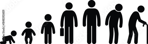Human life cycle silhouette from baby to elderly isolated on white background representing growth aging development stages lifespan
