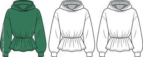 Women hoodie sweatshirt fashion technical drawing, elastic waist peplum hoodie design, apparel flat sketch, casual clothing vector illustration