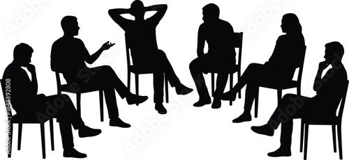 Silhouette group discussion people sitting on chairs communicating teamwork brainstorming meeting concept isolated white background business psychology illustration