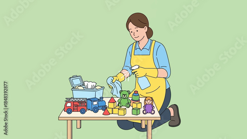 Mother cleaning toys with sanitizer spray and cloth on a table, promoting child hygiene and safety.