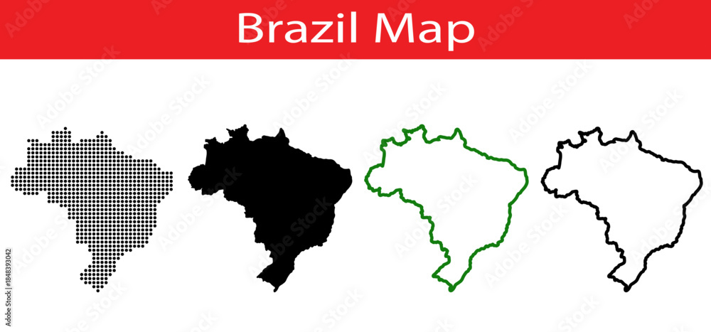Obraz premium Brazil map icon set featuring dotted pixelated, solid black silhouette and line art outline styles isolated on white background for infographic and geographic design use