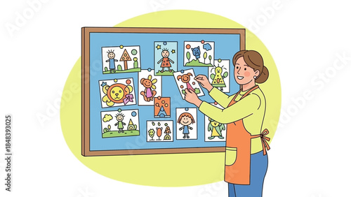 A smiling teacher arranging colorful children's drawings on a classroom bulletin board