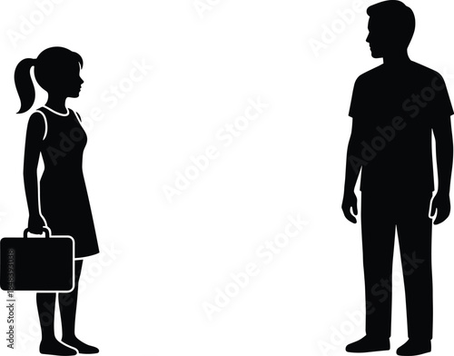 Silhouette man and woman facing each other isolated on white background representing business meeting distance relationship concept communication contrast tension