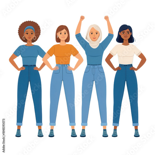 Empowered women stand together with confidence and strength, showcasing unity against transparent background