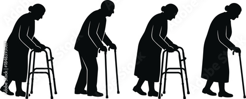 Elderly woman silhouette using walker and cane showing aging mobility support healthcare assistance isolated white background senior lifestyle concept