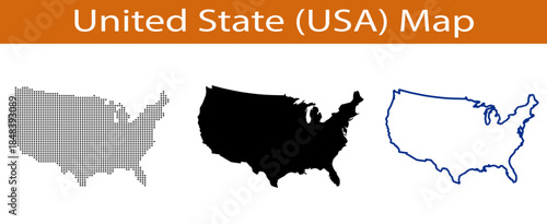 United States map icon set featuring dotted pattern pixelated, solid black silhouette and line art outline USA map styles isolated on white background for infographic, geography and design use