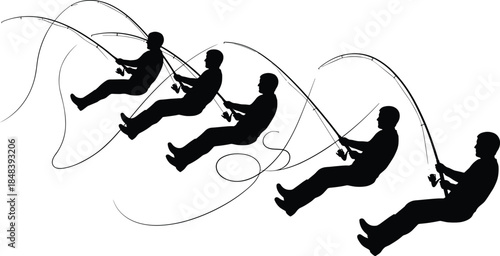 Silhouette sequence of man fishing with rod isolated on white background illustrating motion action sport hobby patience recreation