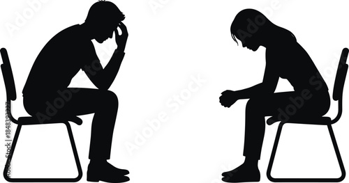 Silhouette stressed man and woman sitting apart on chairs isolated on white background expressing emotional distance conflict depression relationship tension