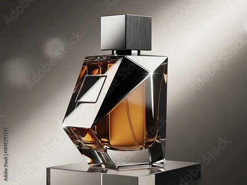 Exquisitely crafted geometric fragrance bottle, showcasing a rich amber liquid and sophisticated metallic accents, presented elegantly for a luxurious scent experience