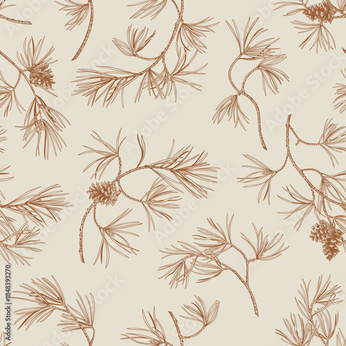 Seamless vintage style pattern featuring hand-drawn pine branches and cones in warm brown tones on a neutral beige background. Seasonal designs.