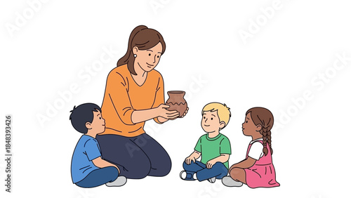 Teacher with children learning about pottery in a classroom activity, educational illustration