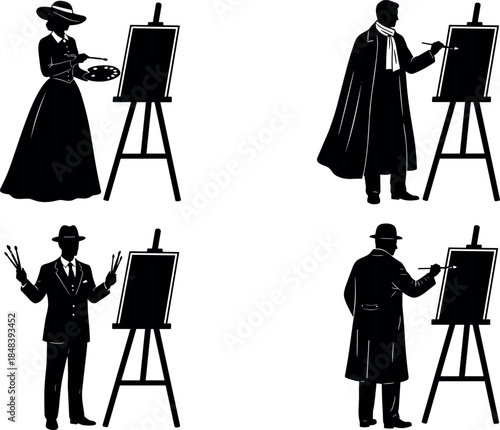 Artist painting silhouette collection, classic male and female painters working on easel isolated on white background vector illustration