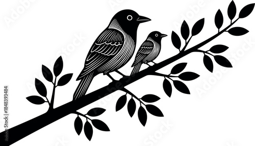 Birds sitting on tree branch silhouette illustration, peaceful wildlife nature scene isolated on white background vector artwork