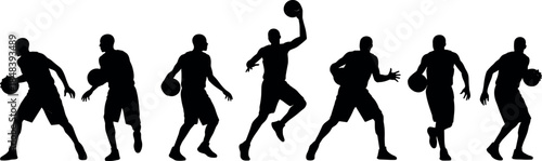 Basketball player action silhouette set, dribbling jumping shooting poses isolated on white background vector illustration