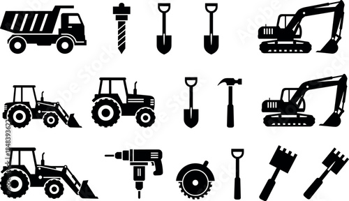 Construction equipment and tools silhouette icon set, heavy machinery vehicles and hand tools isolated on white background vector illustration
