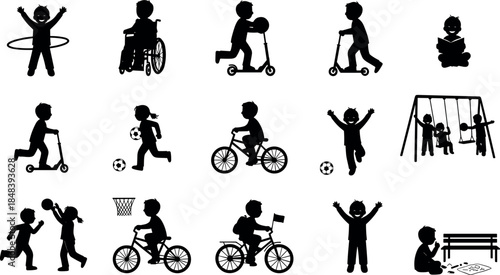 Children activity silhouette vector set showing kids playing sports, riding bikes, scooters, reading and playground fun isolated