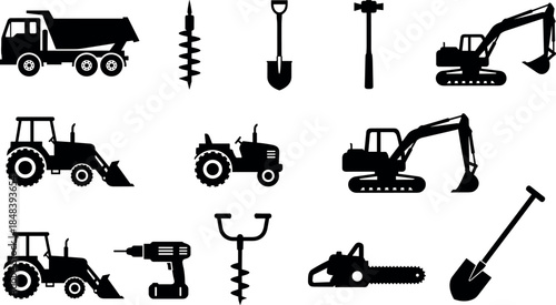 Construction machinery and tools silhouette icon set including excavator tractor dump truck drill shovel hammer auger chainsaw vector