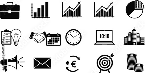 Black business icon set featuring financial charts briefcase handshake target megaphone and global currency symbols for corporate presentation and web design.
