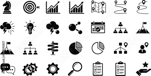 Black business strategy icon set featuring chess knight target growth charts map location lightbulb calendar hierarchy and project management symbols.