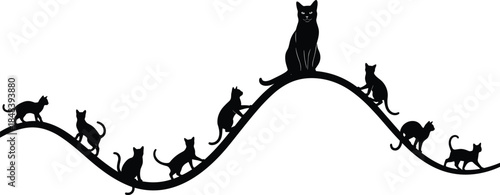 Black cat silhouette collection featuring multiple feline poses walking and sitting on a wavy line, playful pet vector for design.
