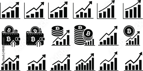 Black cryptocurrency icon set featuring Bitcoin wallet coins and financial growth bar charts for digital trading and market investment analysis.